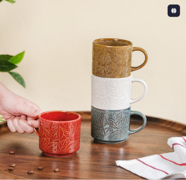 Nestasia Ceramic Stackable Tea Cup Set of 4 | Microwave & Dishwasher Safe, Glossy Finish, Perfect for Gifting (Leaf Embossed, 250ml Each)